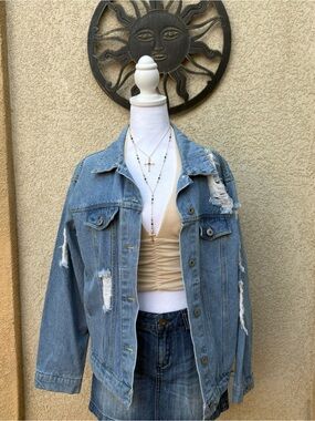 Endless Love Light Wash Oversized Distressed Denim Jacket Grunge Indie Skater